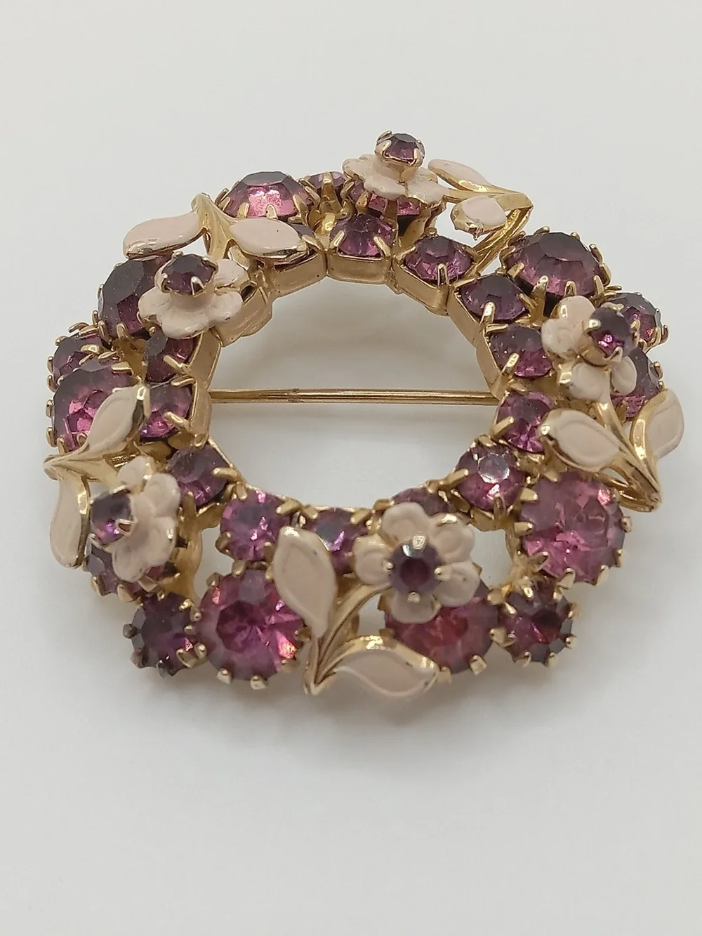 Vintage Purple Rhinestone White Enamel Floral Wreath Brooch Gold Tone 2”